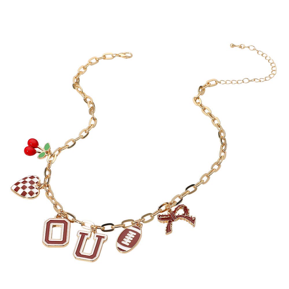 Football Theme Bow Cherry Heart Charm Station Necklace: Blue,Gold,White