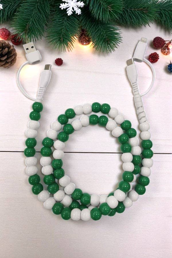 Updated Green and White Beaded Phone Charger