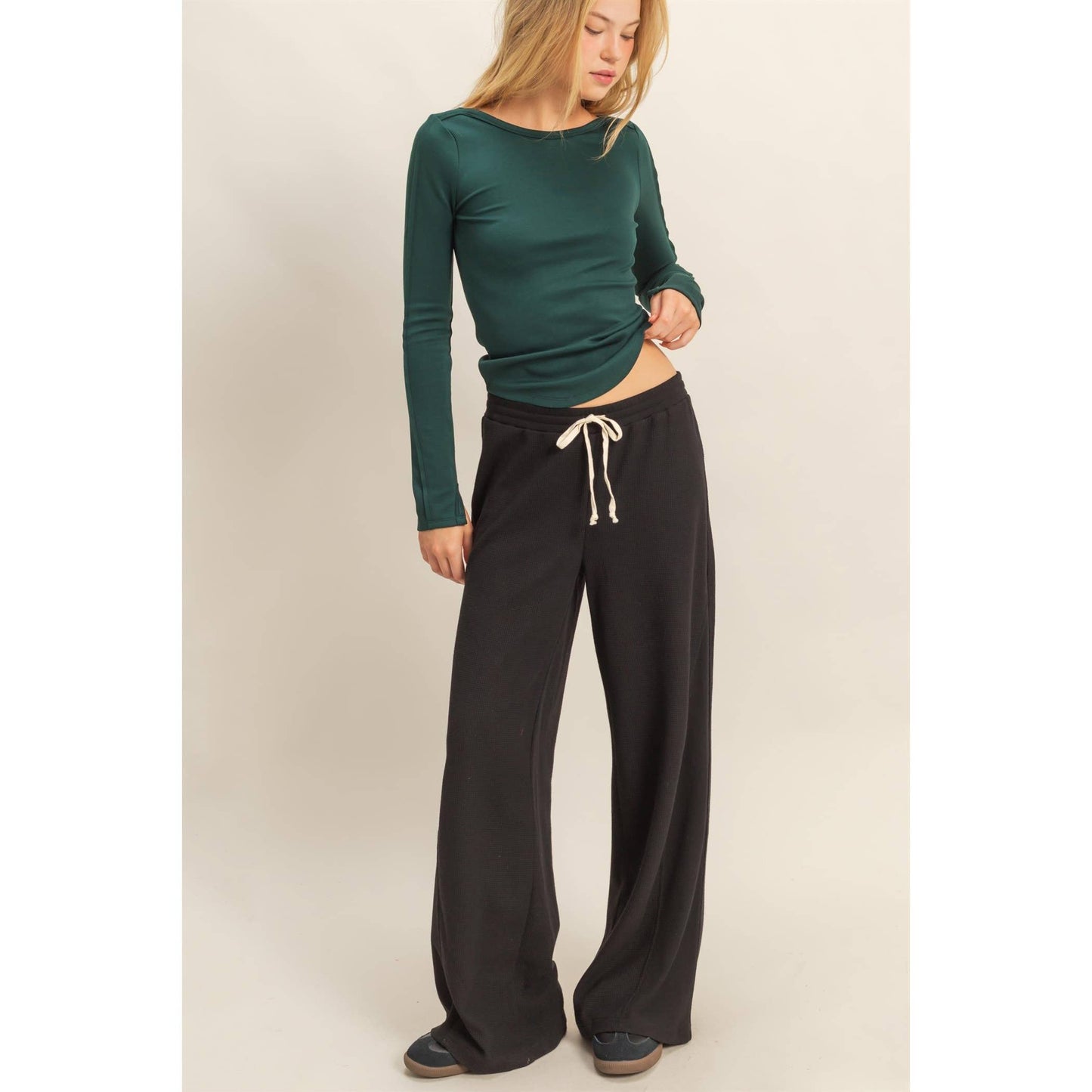Waffled Knit Pants With Contrasting Ties: H.GRAY / S-M-L(2-2-2)