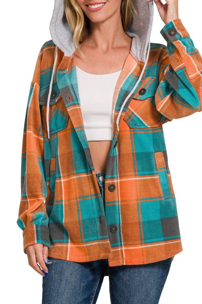 Plaid Drawstring Hooded Fleece Shacket: TEAL/ORANGE / 2-2-2 (S-M-L)
