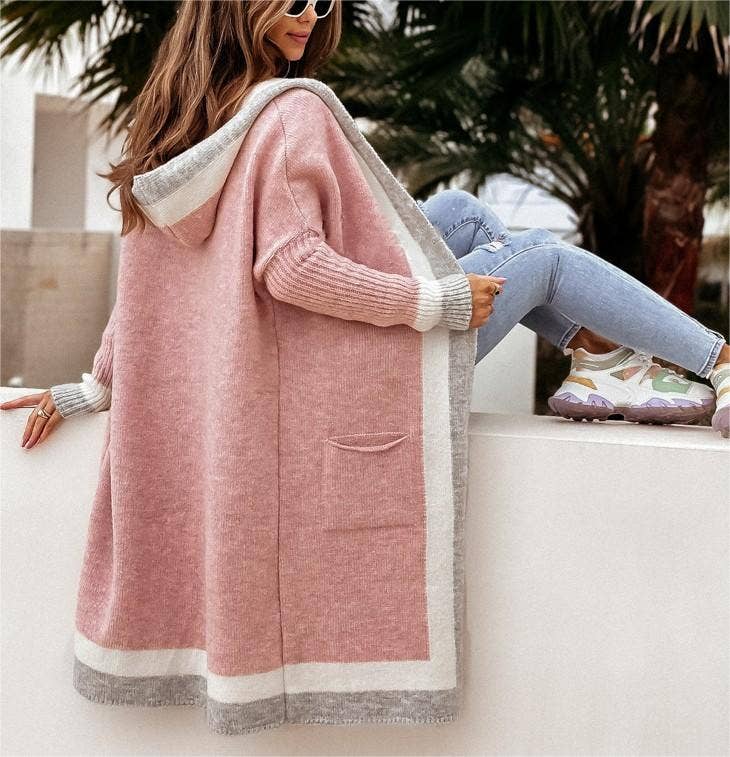 Casual versatile hooded long cardigan sweater: Rose_red / M