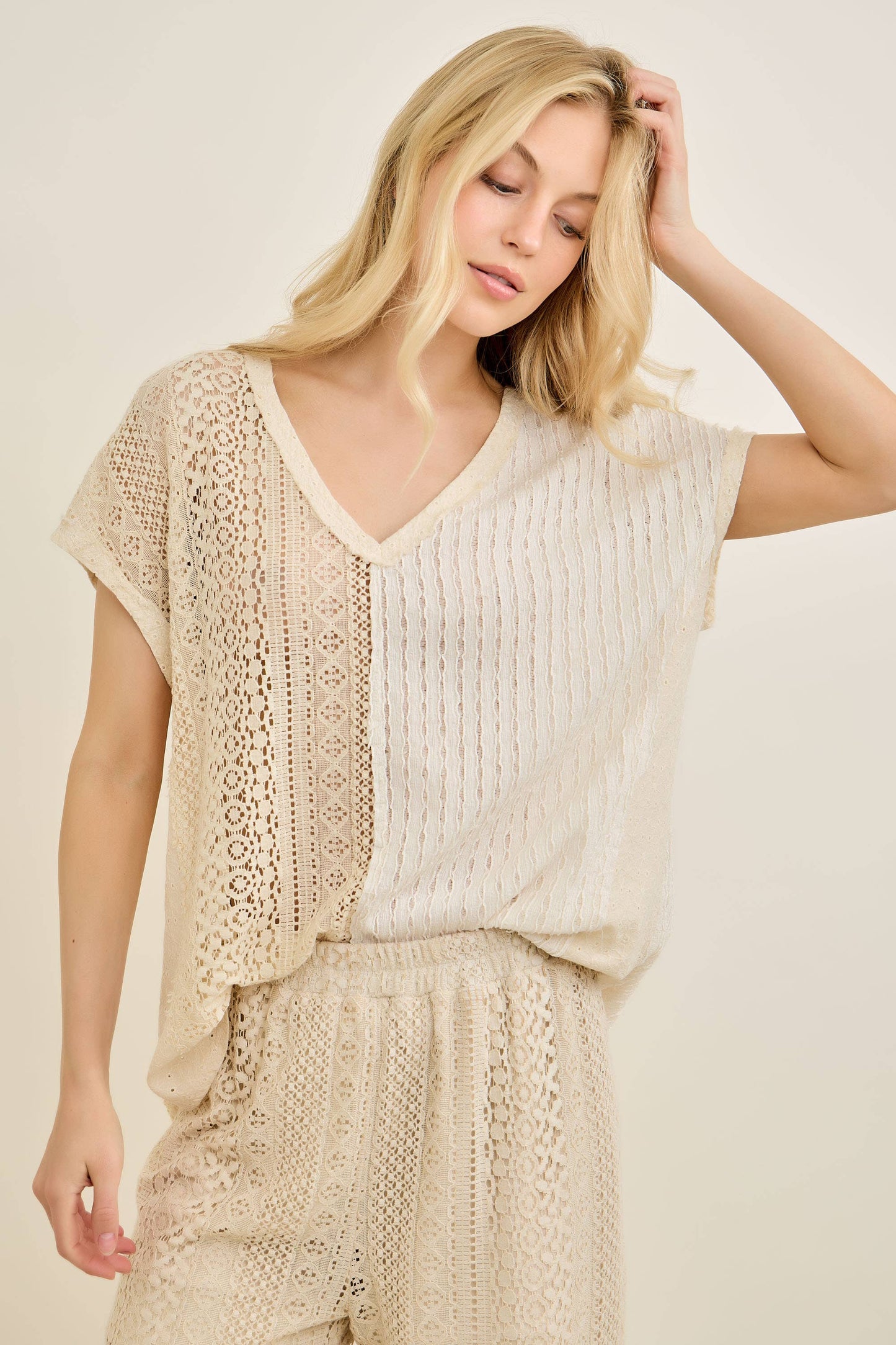 Mineral Washed Just a Boho Chic Lady Blouse HT7389: Latte / S-M-L / 2-2-2