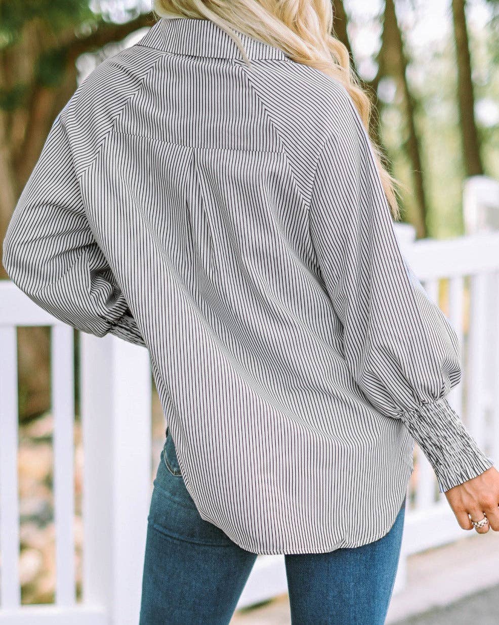 Stripe Smocked Cuff Pocketed Shirt: Sky Blue / XL