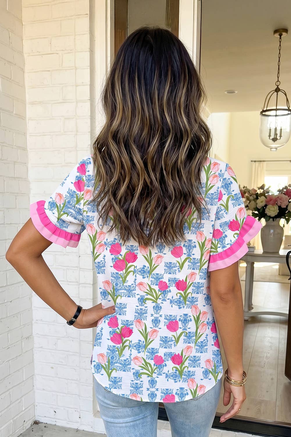 LAS Tulip Floral Ruffle Colorblock Trim Blouse (S-XL): Rose / XL