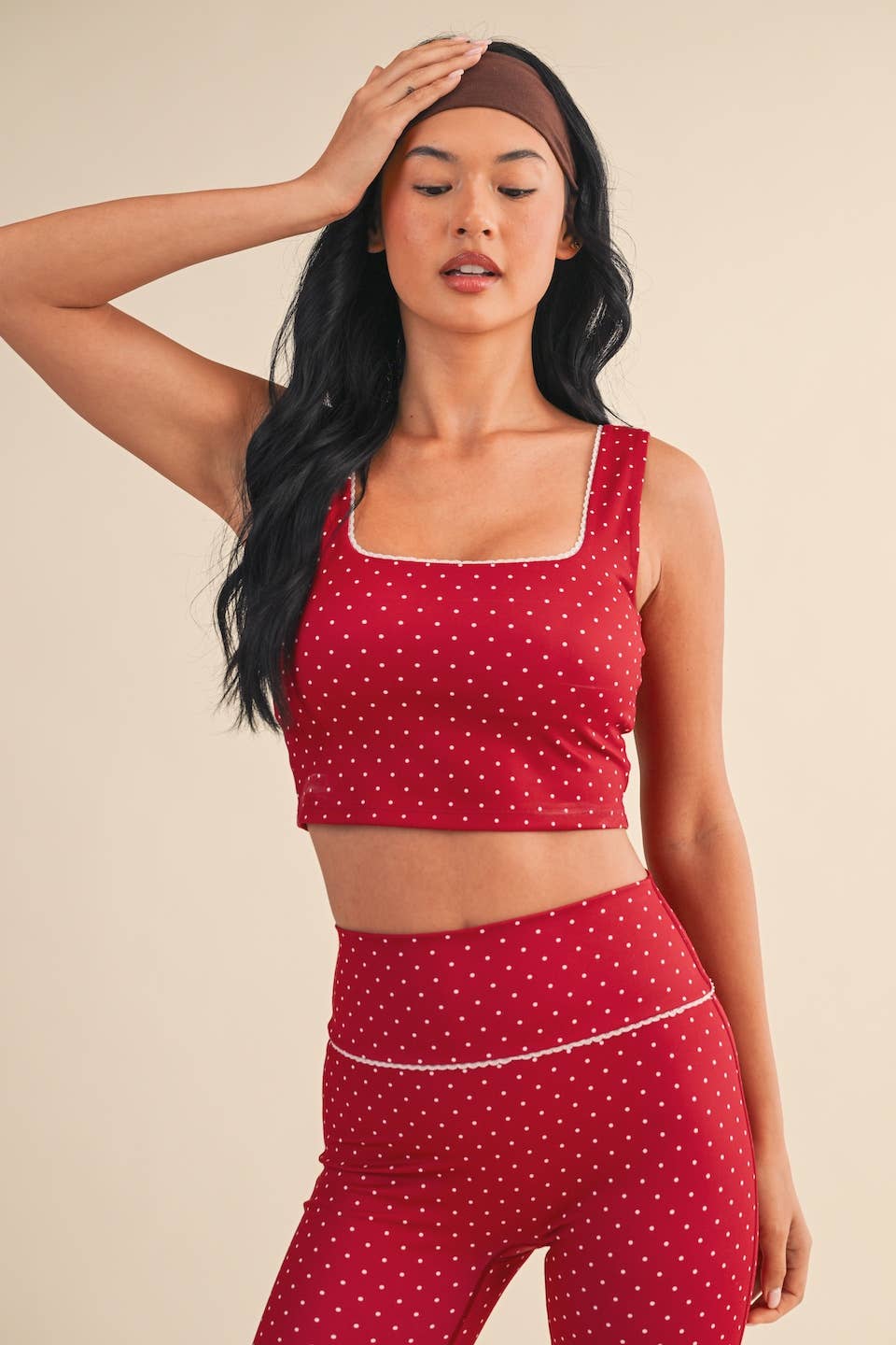 Polka Dot Print Crop Tank with Lace Trim: Black Polka Dot / S