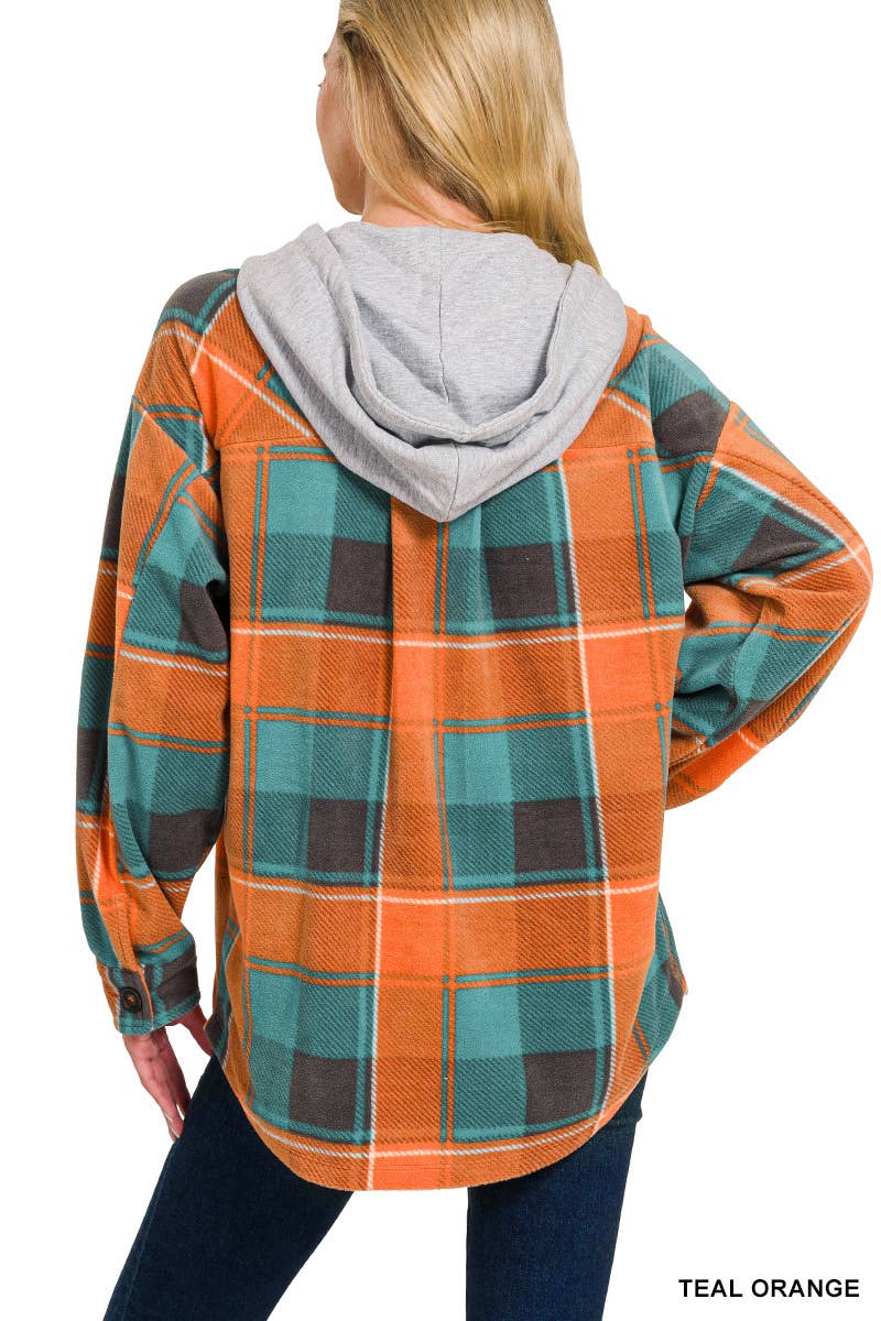 Plaid Drawstring Hooded Fleece Shacket: TEAL/ORANGE / 2-2-2 (S-M-L)