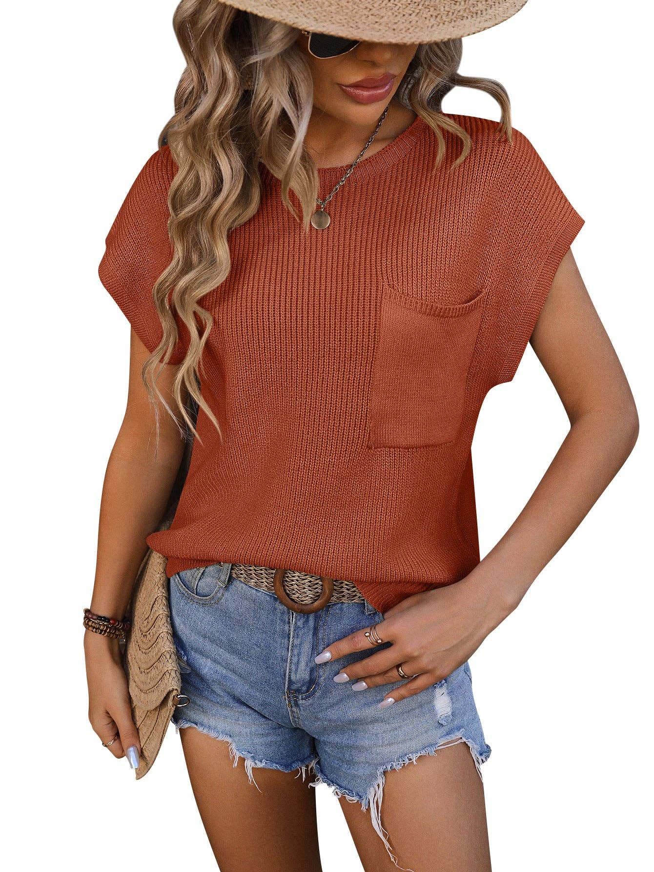 Crewneck Pocket Trim Top Short-sleeved Sweater: Caramel / Acrylic 70% + 30% nylon / M