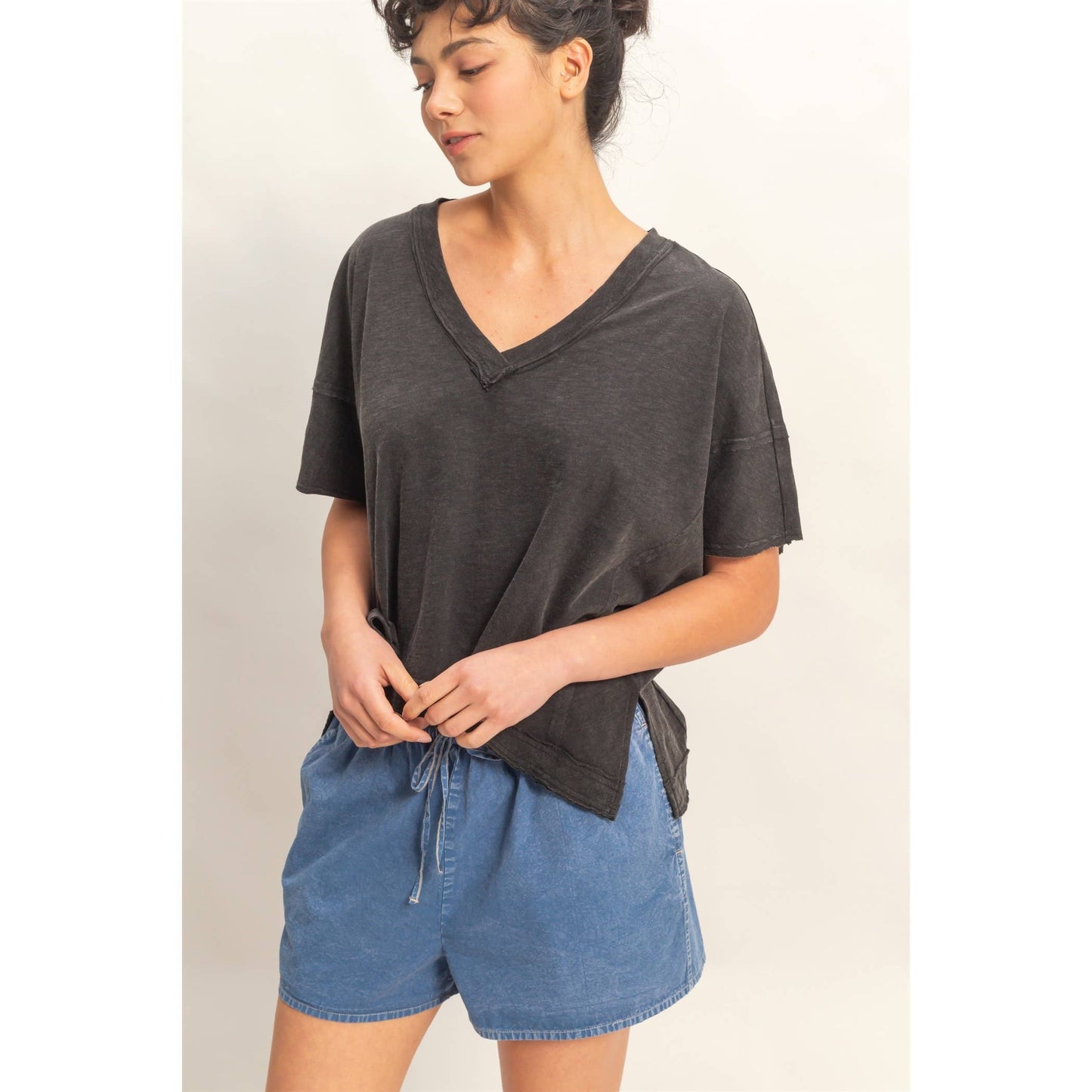 Oversized V-Neck Short Sleeve Top: WHIP CREAM / S-M-L(2-2-2)