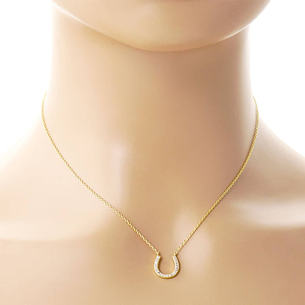 Gold Dipped CZ Stone Paved Horseshoe Pendant Necklace: Clear,Rhodium