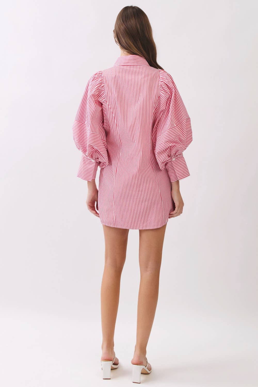 Statement Sleeve Mini Shirt Dress REMI245-S : PINK STRIPE / L