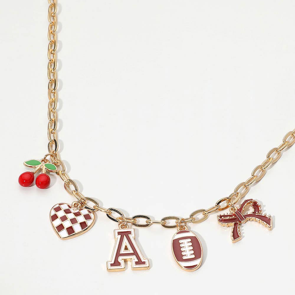Football Theme Bow Cherry Heart Charm Station Necklace: Blue,Gold,White