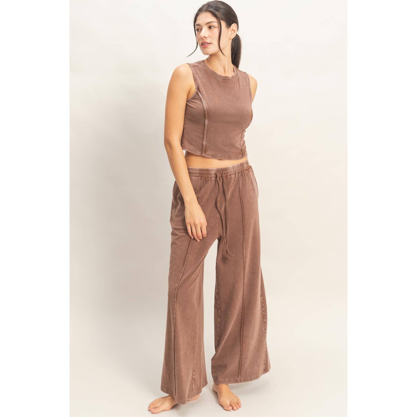 Mineral Washed Sleeveless Top & Wide Leg Pants Set: BLACK / S-M-L(2-2-2)