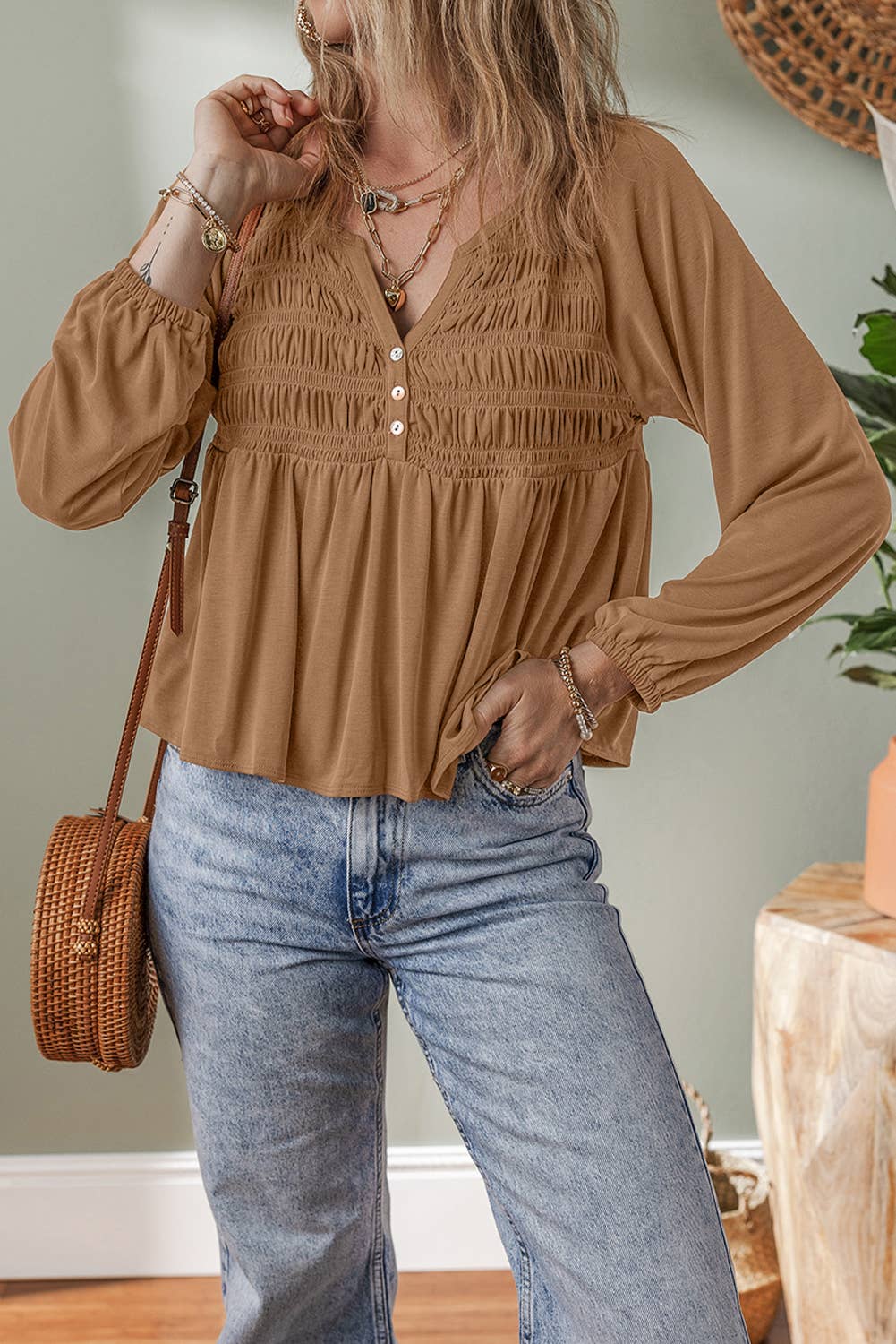 LDC Smocked Bust Buttoned Split V Neck Flow Fit Blouse: Cinnamon / S