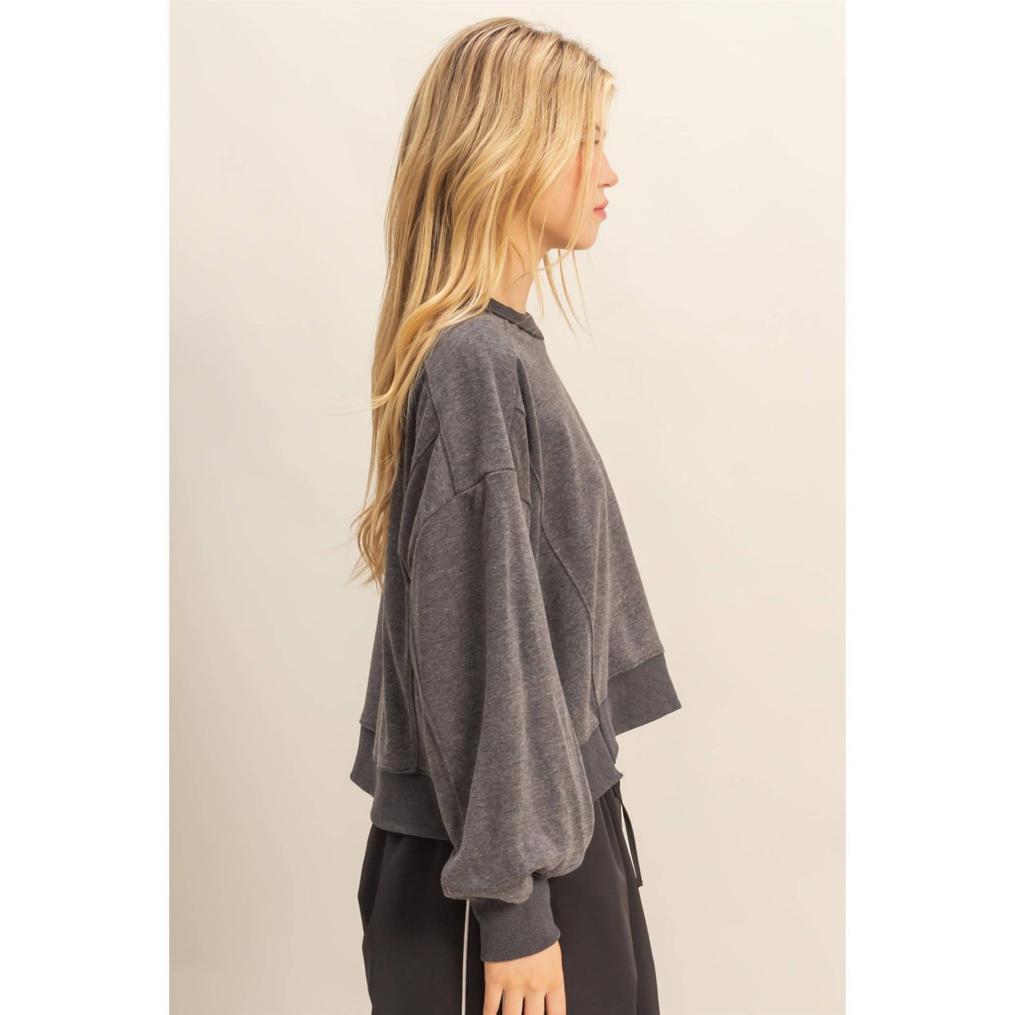 Layered Hem Sweatshirt With Raw Edges: MOSS GREEN / S-M-L(2-2-2)