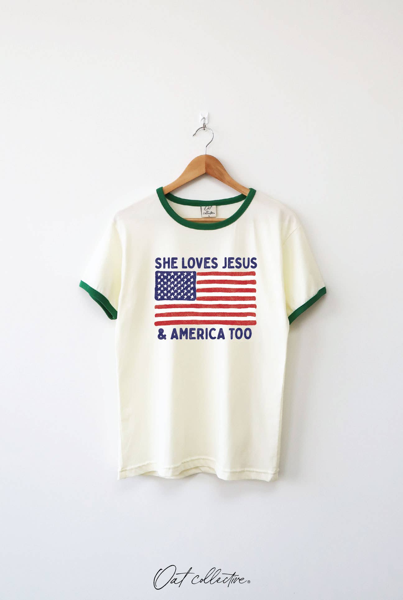 SHE LOVES JESUS AND AMERICA TOO Ringer Graphic Top : NATURAL/BLK / S