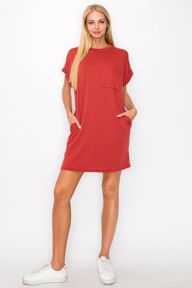 Round Neck Pocket Mini Dress HD1015: Olive / S-M-L / 2-2-2