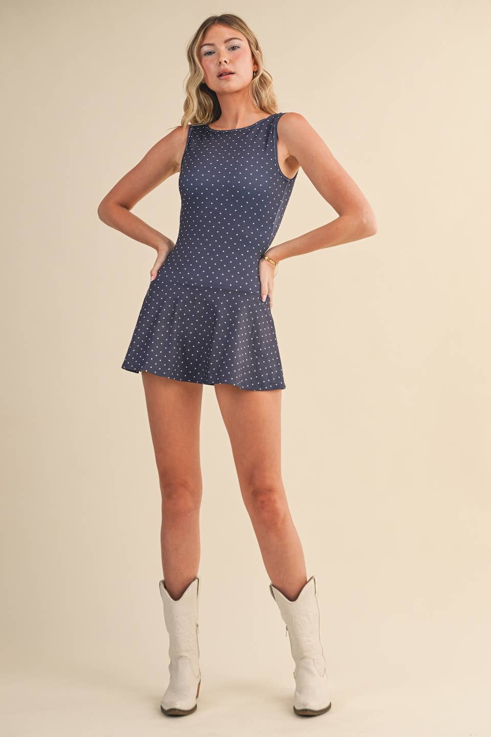 Polka Dot Print A-Line Mini Dress with Drop Waist: Brown Polka Dot / L