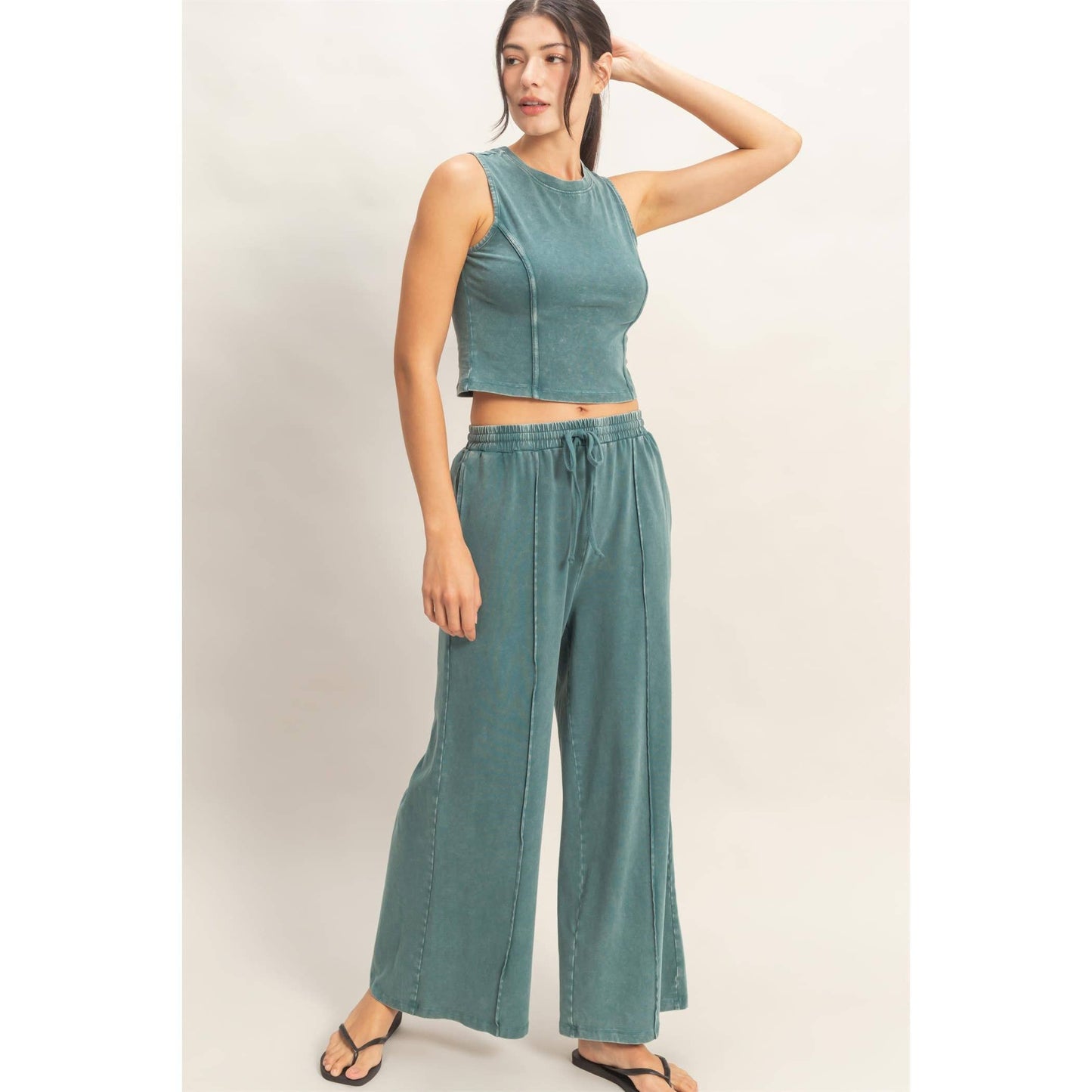 Mineral Washed Sleeveless Top & Wide Leg Pants Set: BLACK / S-M-L(2-2-2)