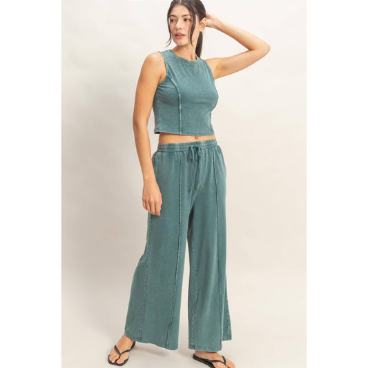 Mineral Washed Sleeveless Top & Wide Leg Pants Set: DARK TEAL / S-M-L(2-2-2)