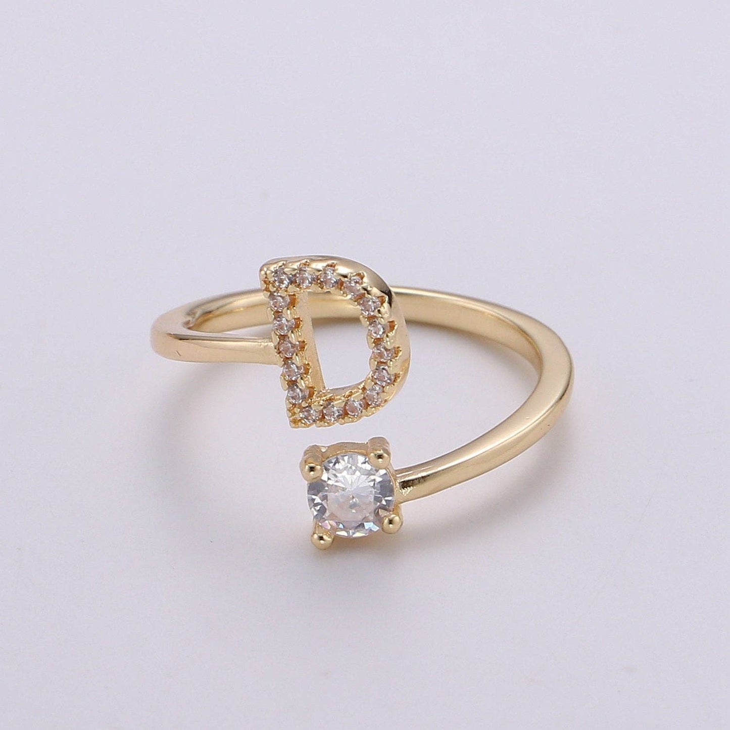 Adjustable Gold Initial Ring With CZ R370~R395: E