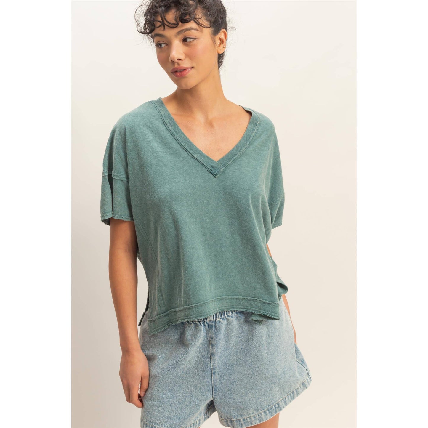 Oversized V-Neck Short Sleeve Top: WHIP CREAM / S-M-L(2-2-2)