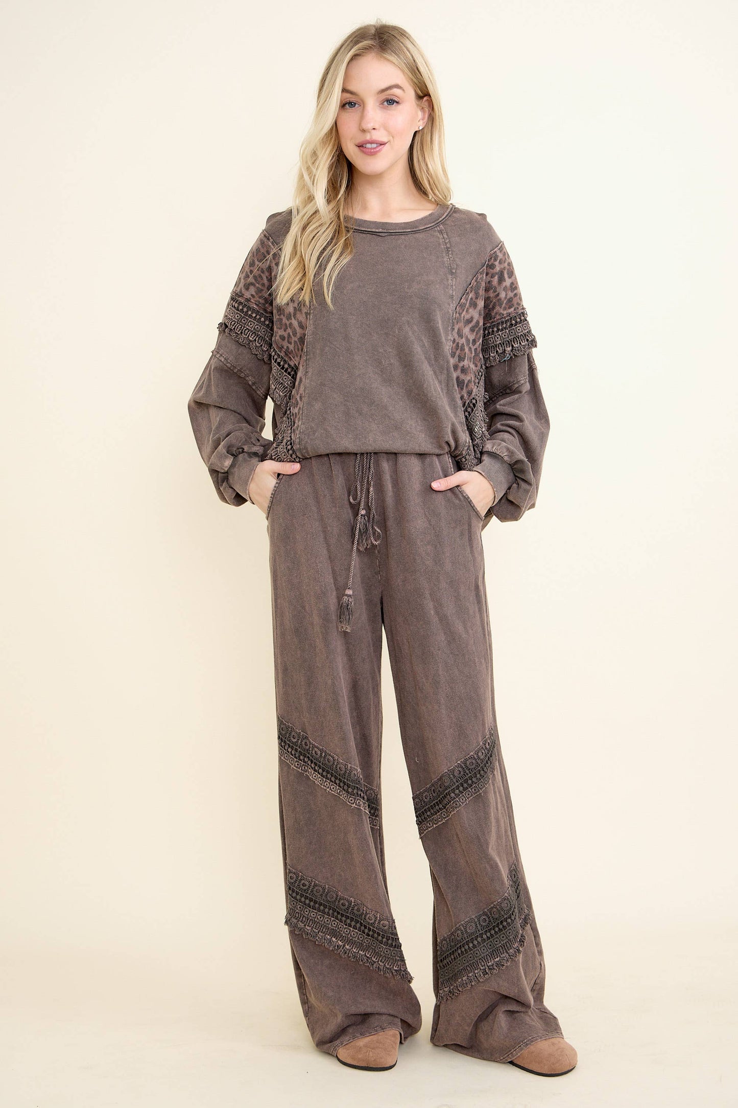 Mineral Washed Cheetah Leopard Fringe tassel top HT6722: Ash Oak / S-M-L / 2-2-2