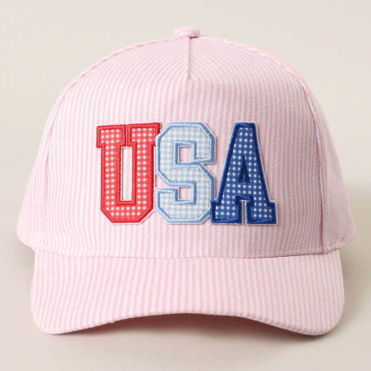USA Embroidered Patch Varsity-Style Stripe Trucker Hat 
: PINK