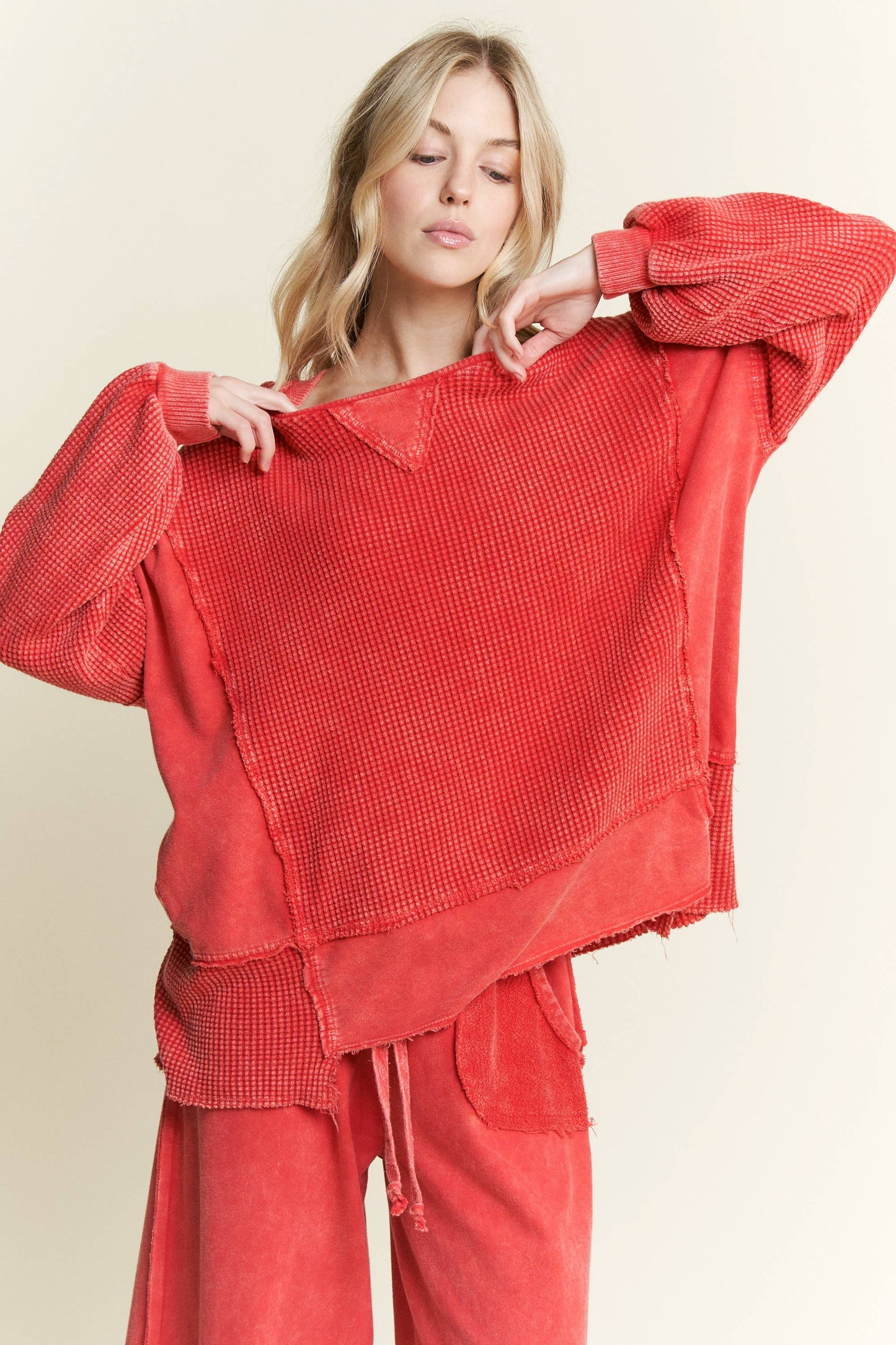MineralWash Waffle and terry oversized fall shirt HT5989.: Midnight Green / S-M-L / 2-2-2