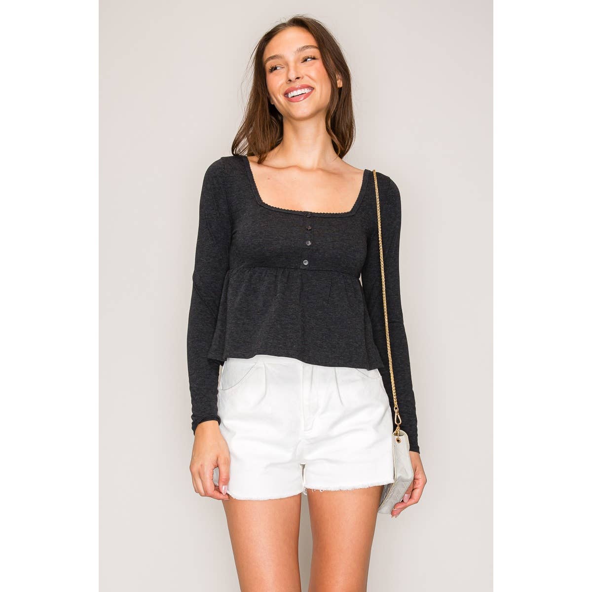 Long Sleeve Babydoll Top: Black / S-M-L(2-2-2)