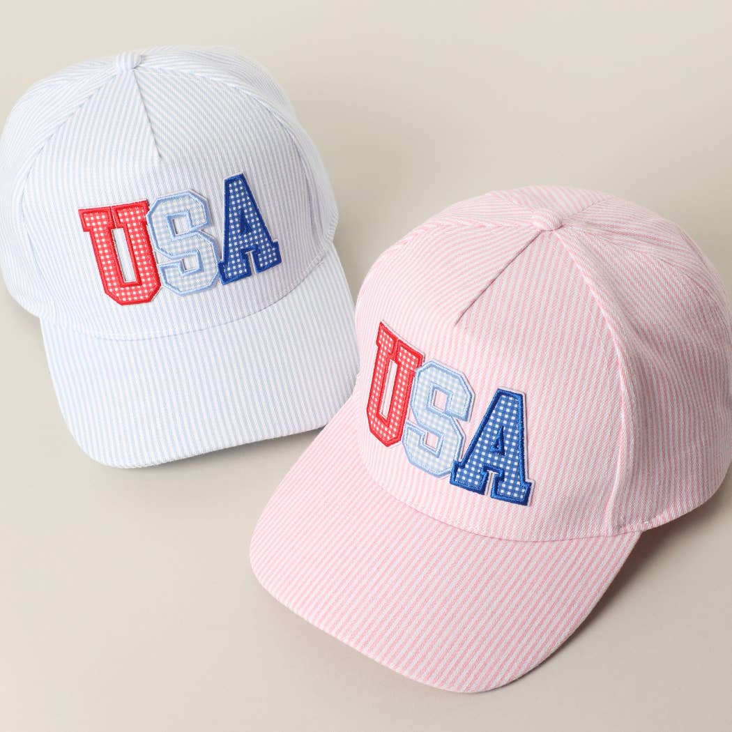 USA Embroidered Patch Varsity-Style Stripe Trucker Hat 
: BLUE