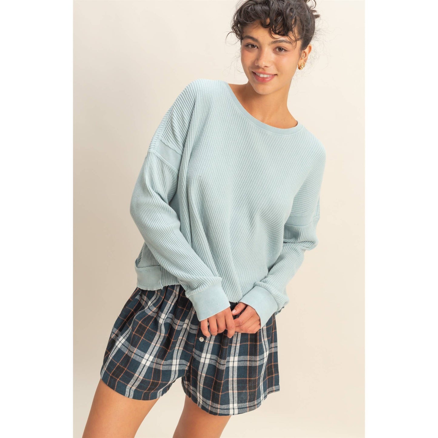 Chic Open Back Textured Knit Long Sleeve Top: TAFFY PINK / S-M-L(2-2-2)