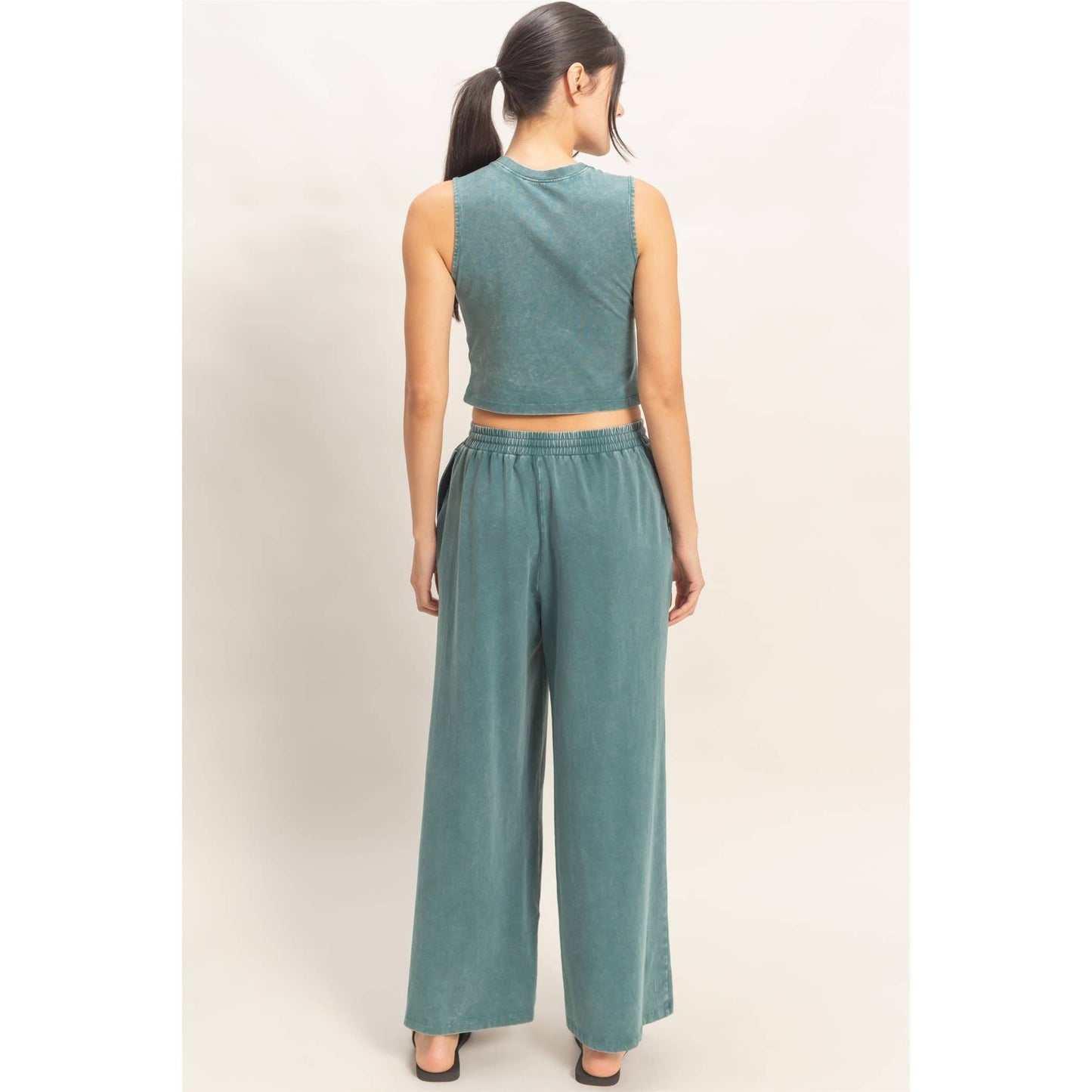 Mineral Washed Sleeveless Top & Wide Leg Pants Set: FUCHSIA / S-M-L(2-2-2)