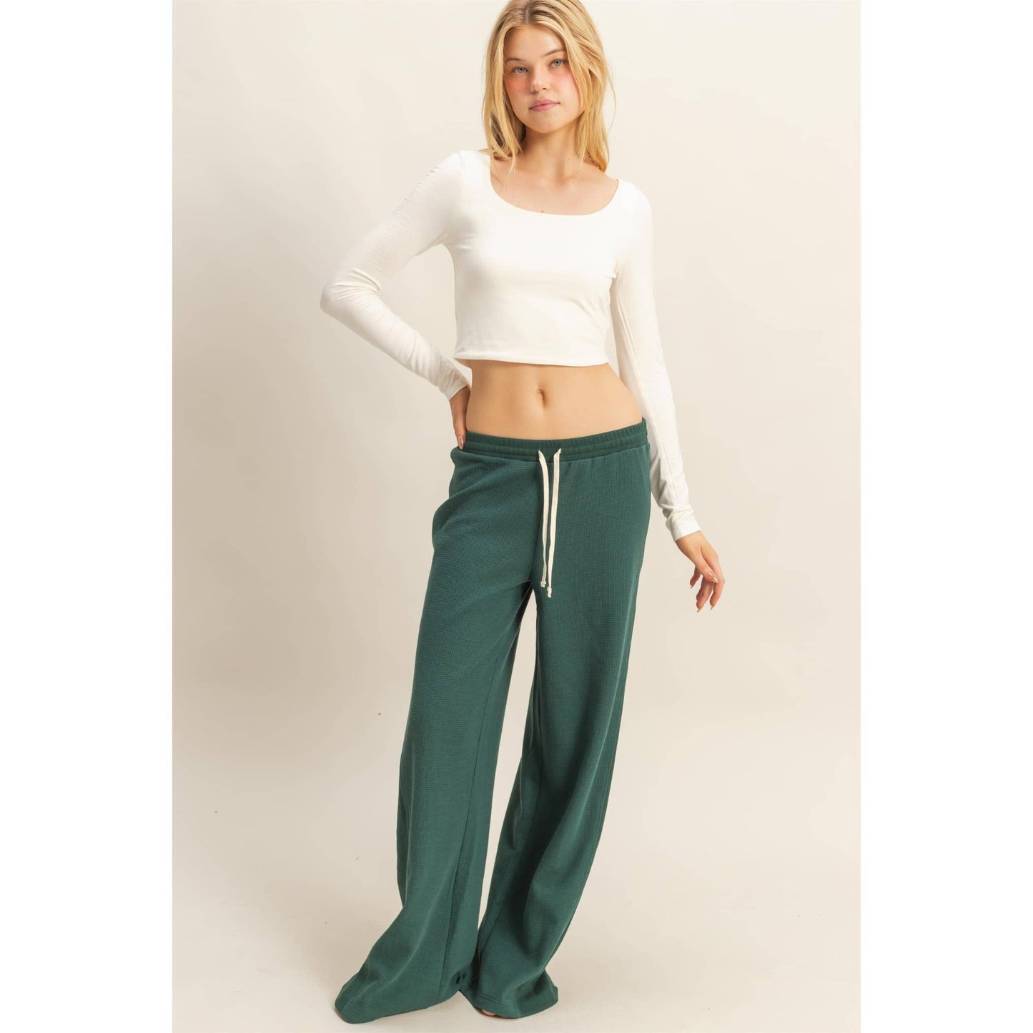 Waffled Knit Pants With Contrasting Ties: H.GRAY / S-M-L(2-2-2)