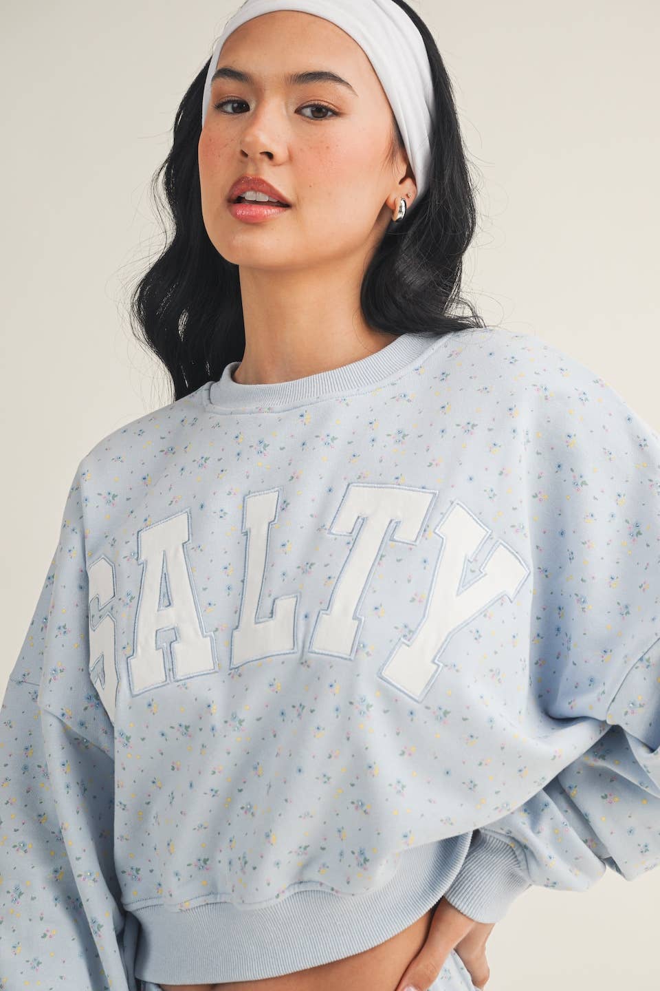 Salty Ditsy Print Crewneck Crop Sweatshirt: Pink Ditsy / S