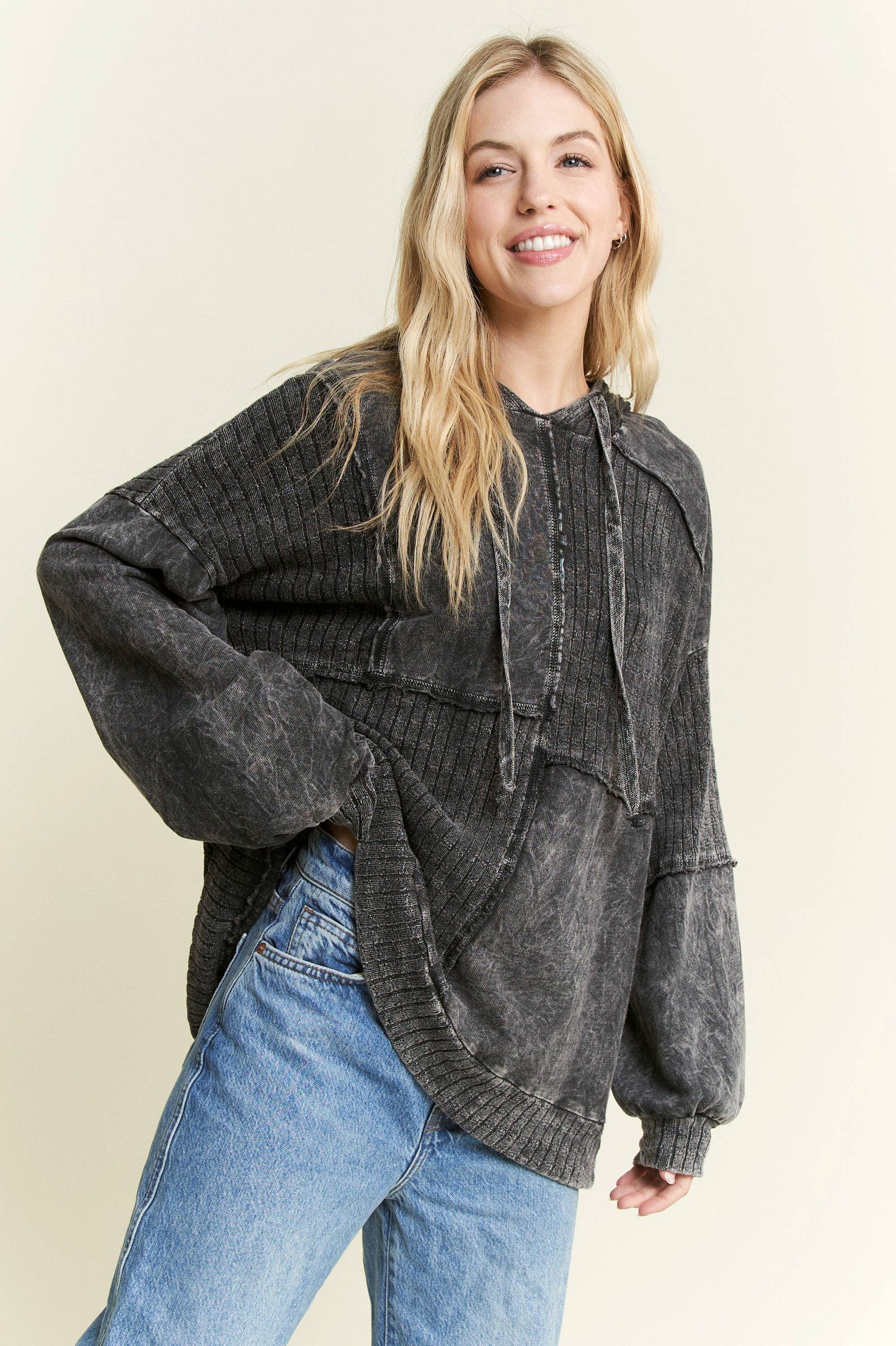 MineralWash Sweater block stitched hoodie shirt HT5969.: Olive / S-M-L / 2-2-2