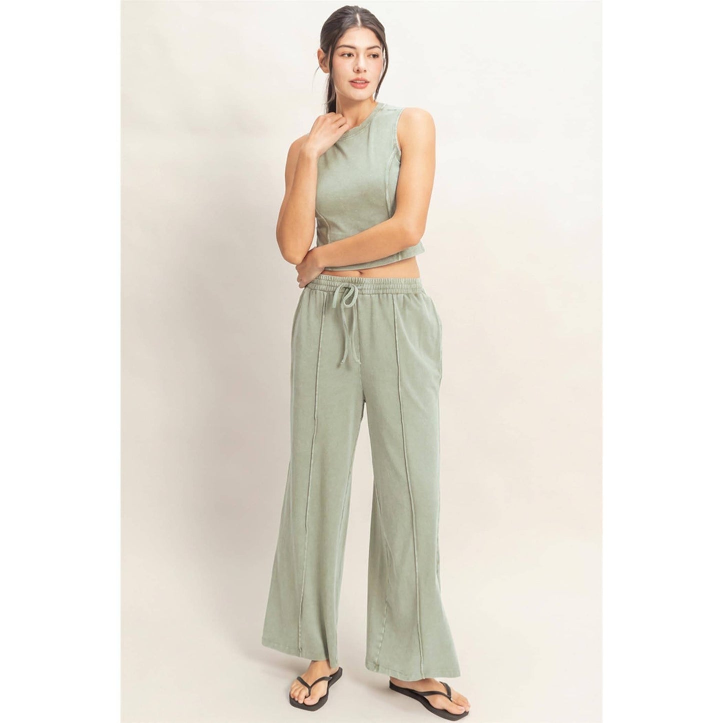 Mineral Washed Sleeveless Top & Wide Leg Pants Set: FUCHSIA / S-M-L(2-2-2)