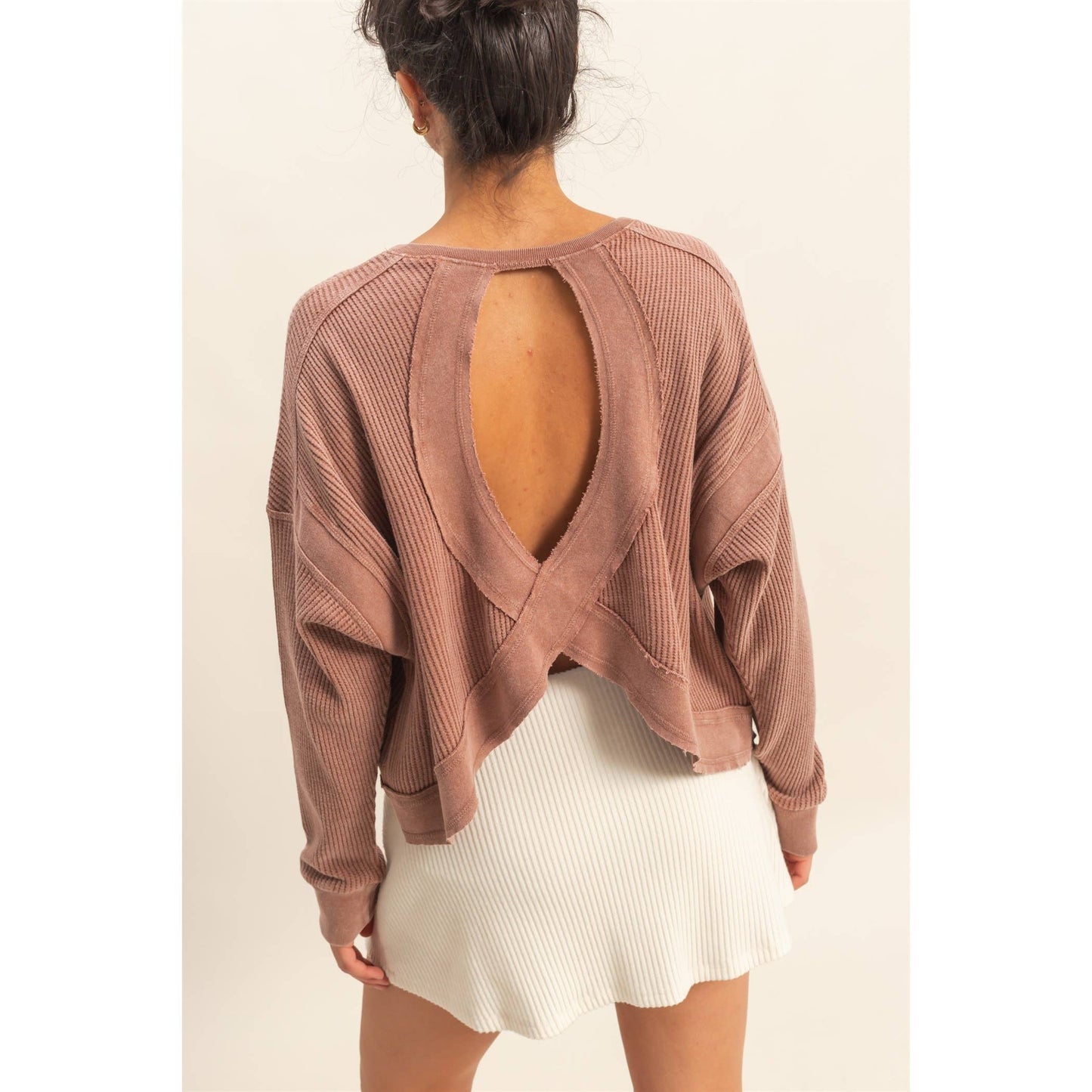 Chic Open Back Textured Knit Long Sleeve Top: CREAM / S-M-L(2-2-2)