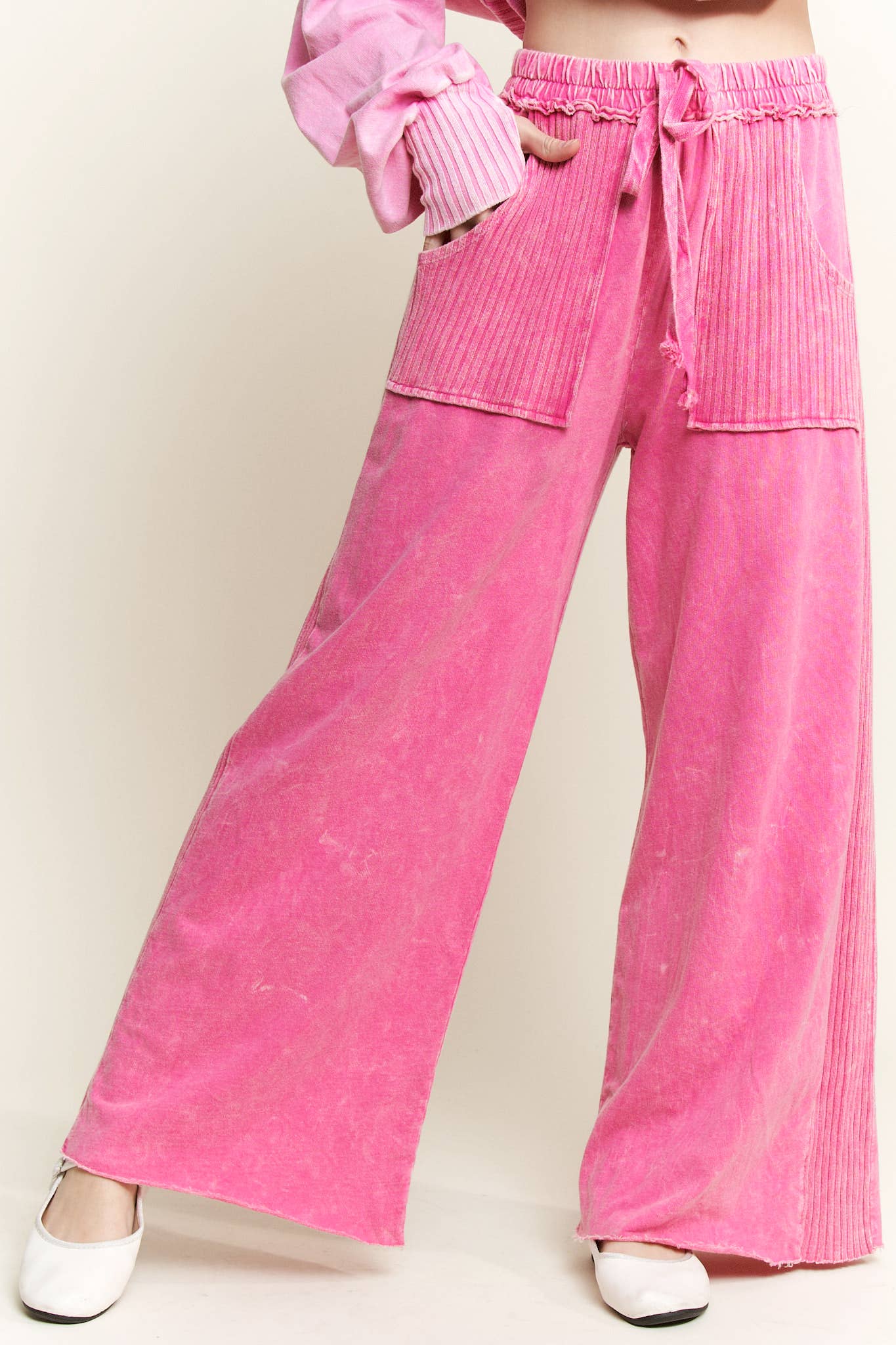 Best Mineral Wash Side Knit detail wide leg pantsHE5878P: Midnight Green / S-M-L / 2-2-2