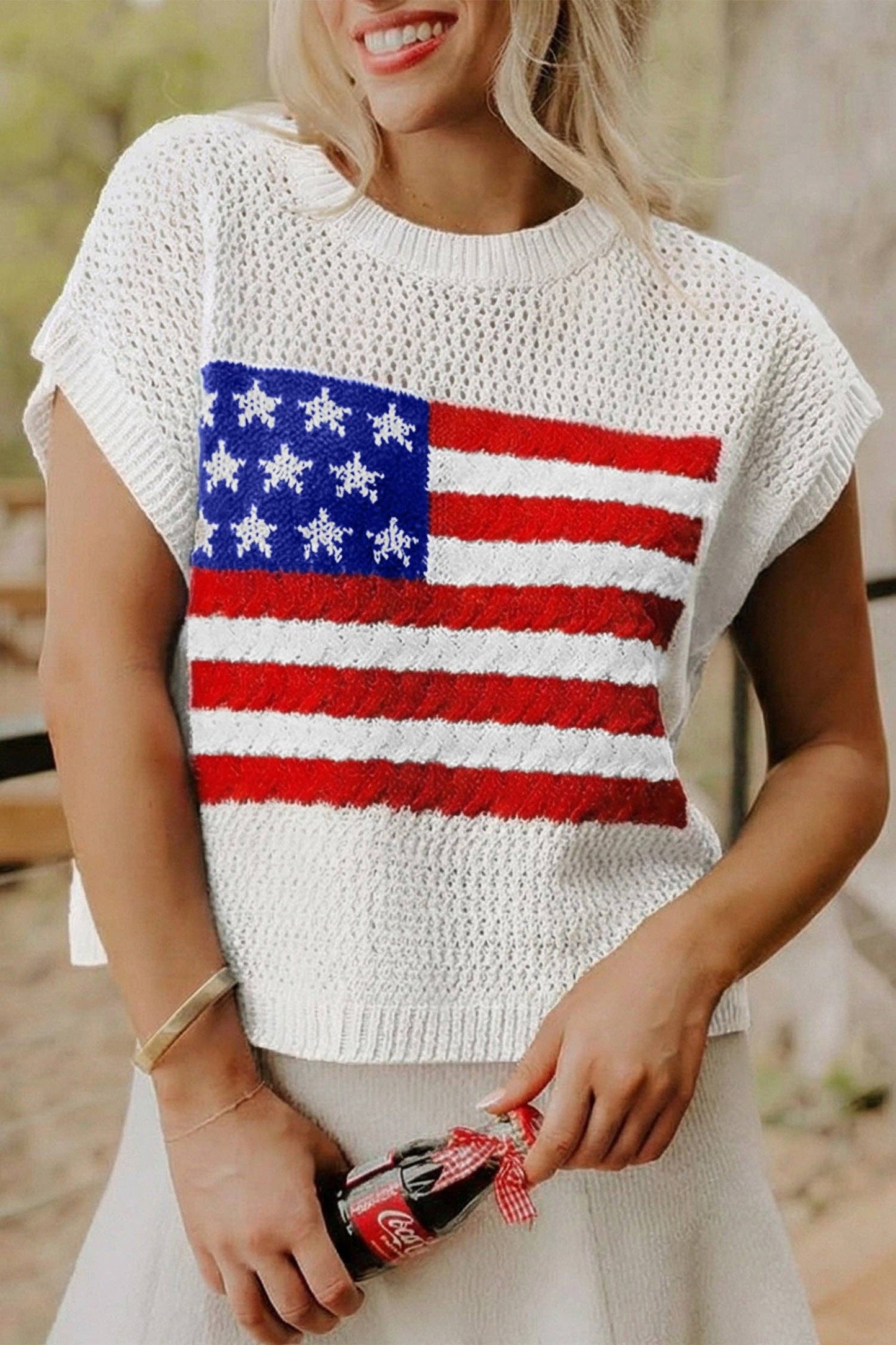 Blue American Flag Knit Short Sleeve Sweater Top: Sky Blue / 100%Acrylic / S