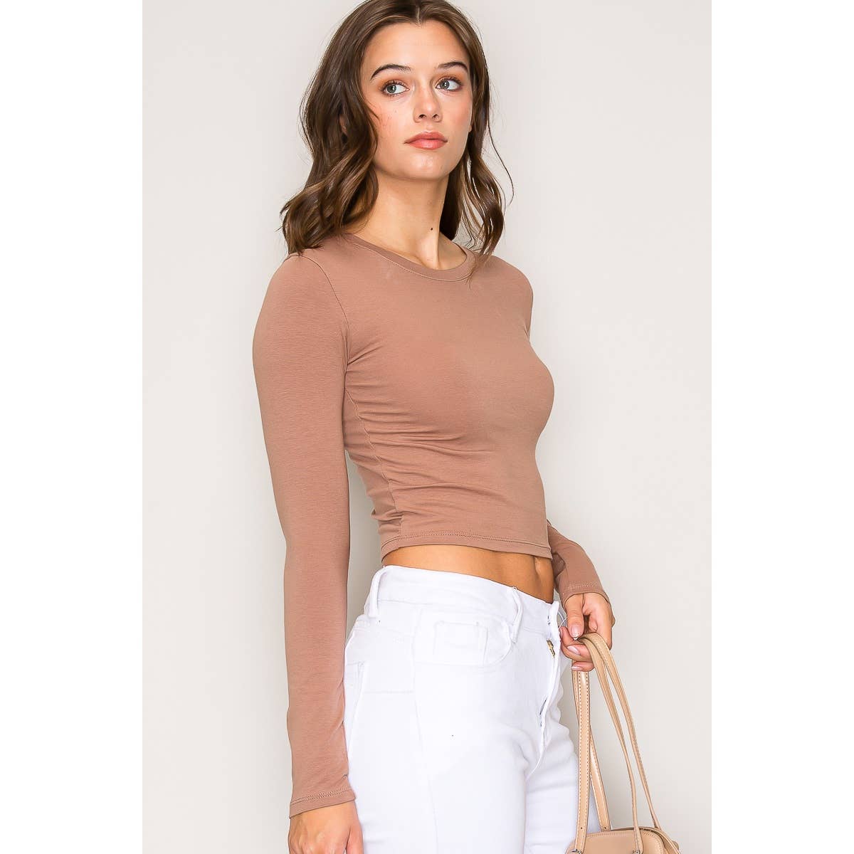 Crew Neck Long Sleeve Cotton Cropped Knit Top: Chili Oil / S-M-L(2-2-2)