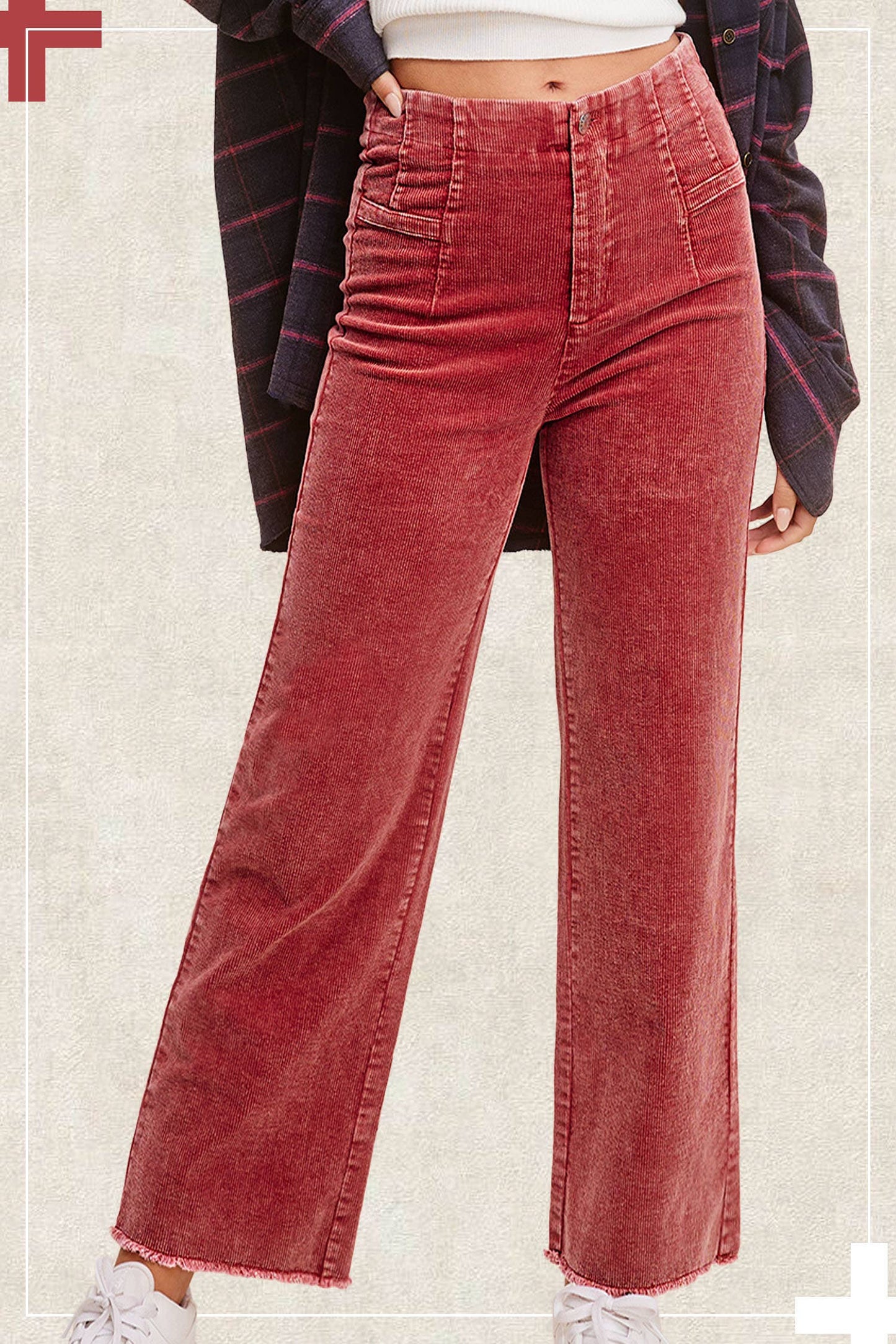 MCP4220-Mineral Washed High Waisted Wide Leg Corduroy Pants: Brown / M