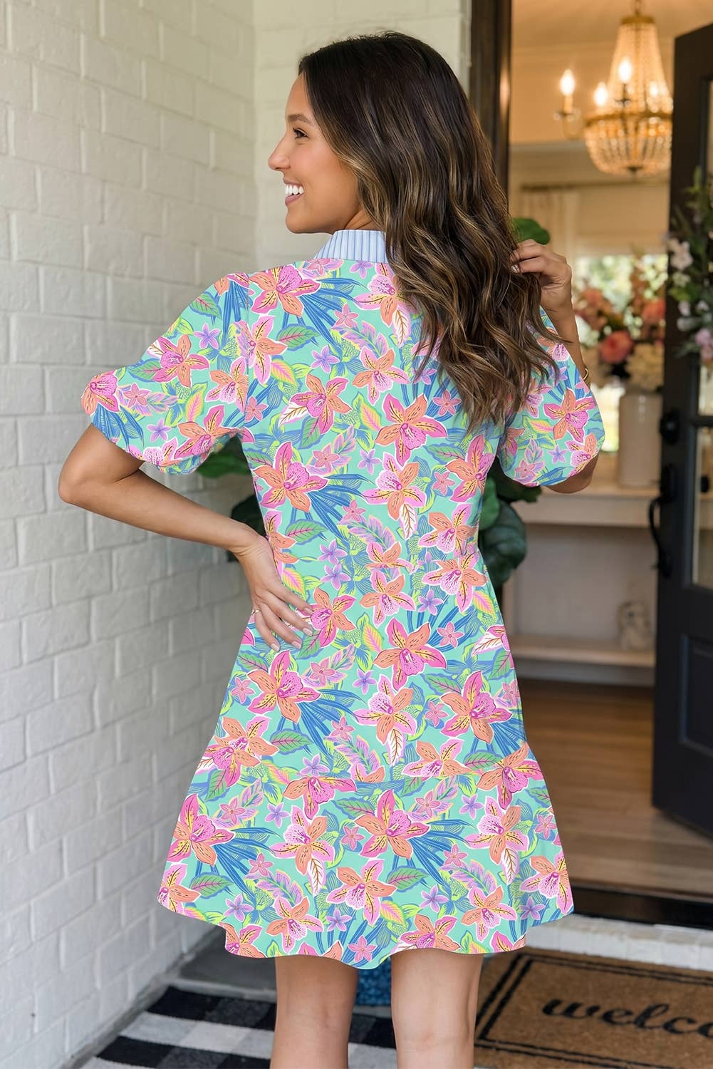 LAS Floral Contrast Scallop Striped Trim Mini Dress (S-XL): Multicolour / XL