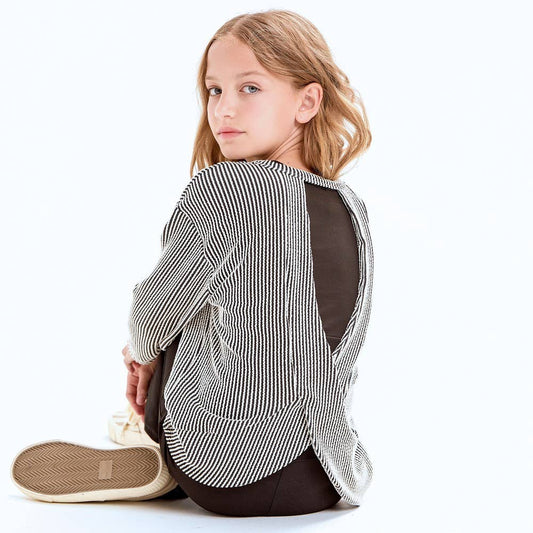 Textured Stripe Rib Open Back Top: White-Black / XL