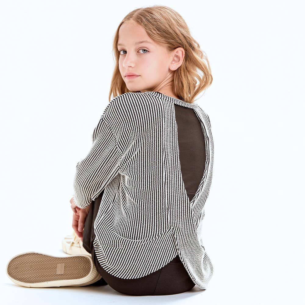 Textured Stripe Rib Open Back Top: White-Black / S