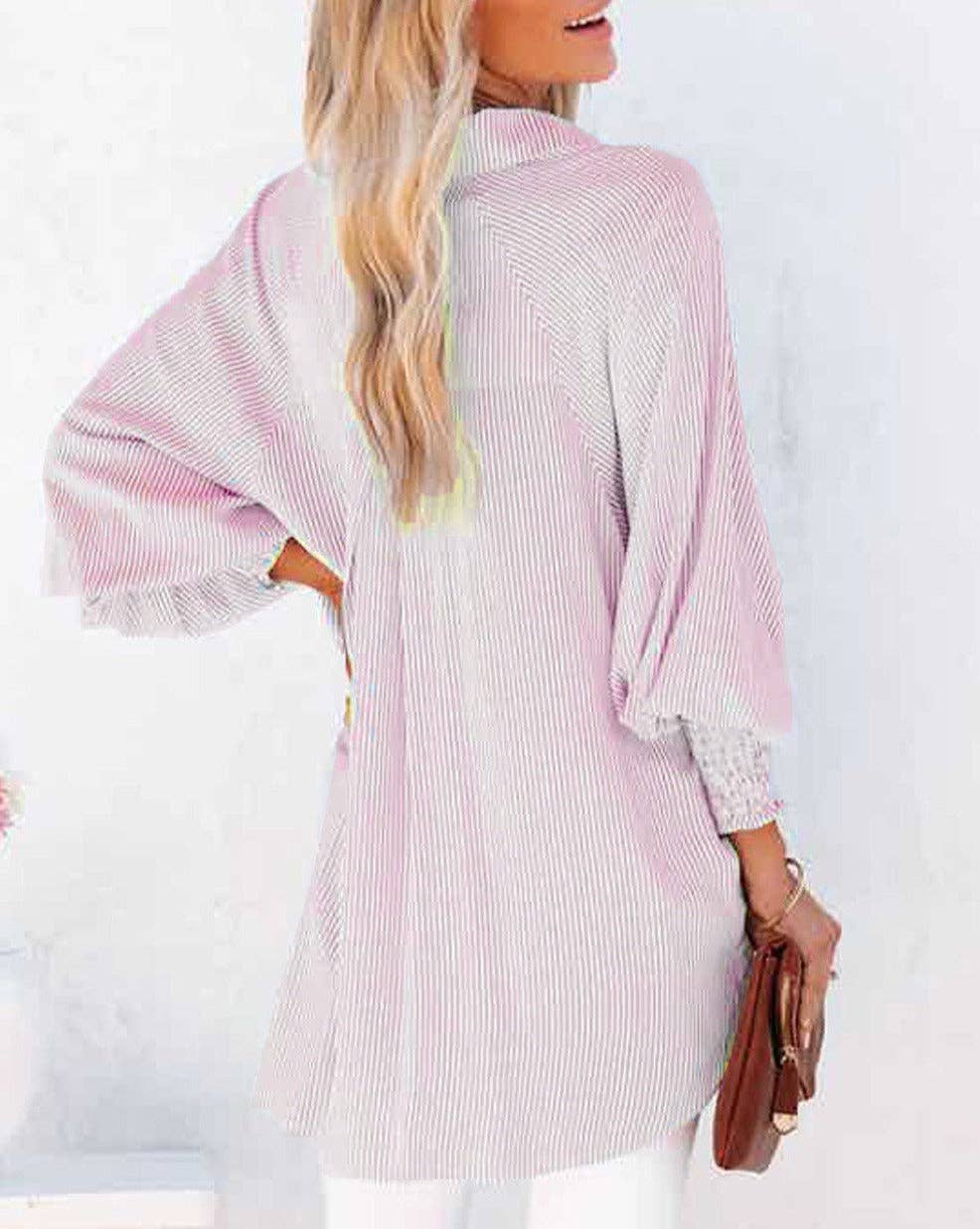 Stripe Smocked Cuff Pocketed Shirt: Sky Blue / M
