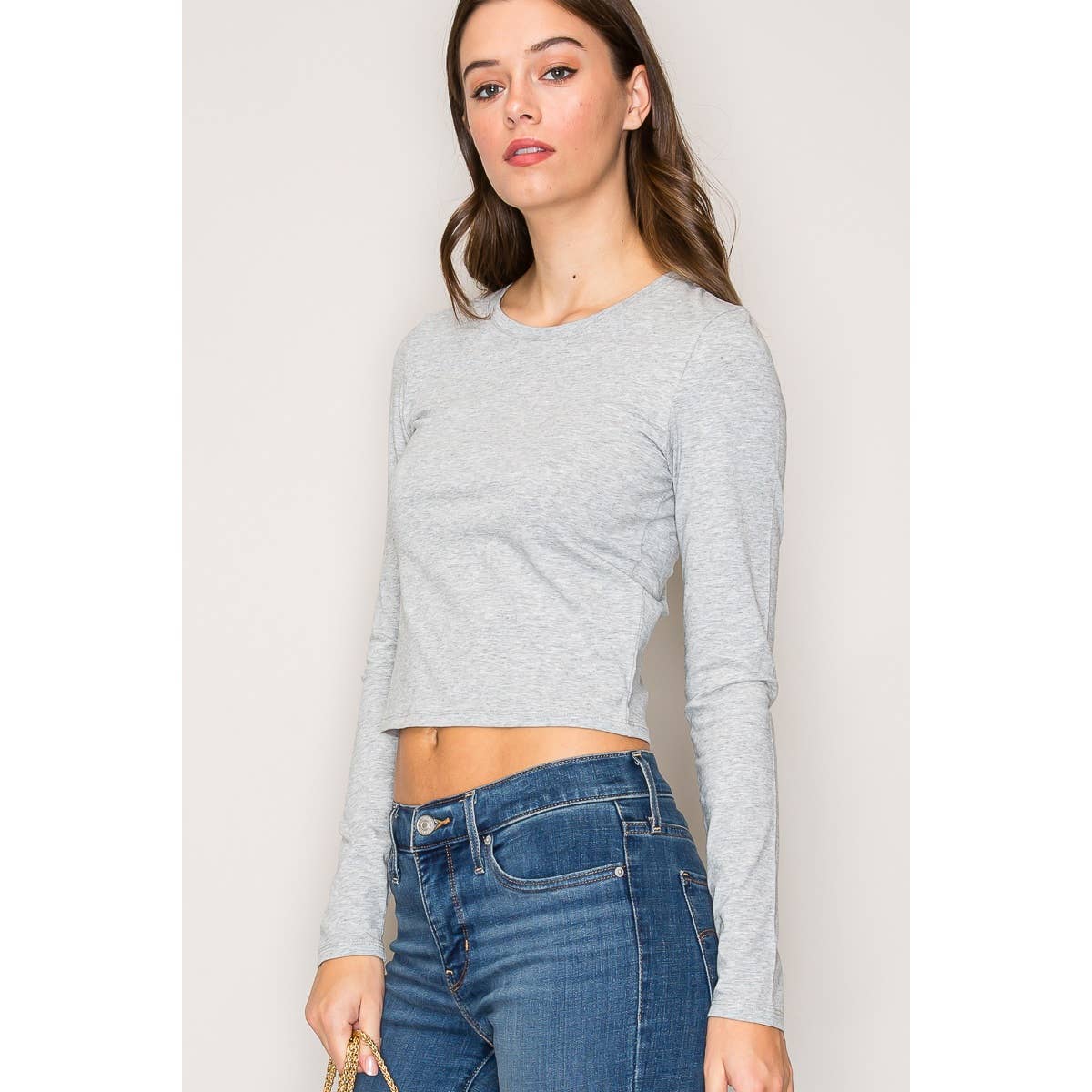 Crew Neck Long Sleeve Crop Top: Black / S-M-L(2-2-2)