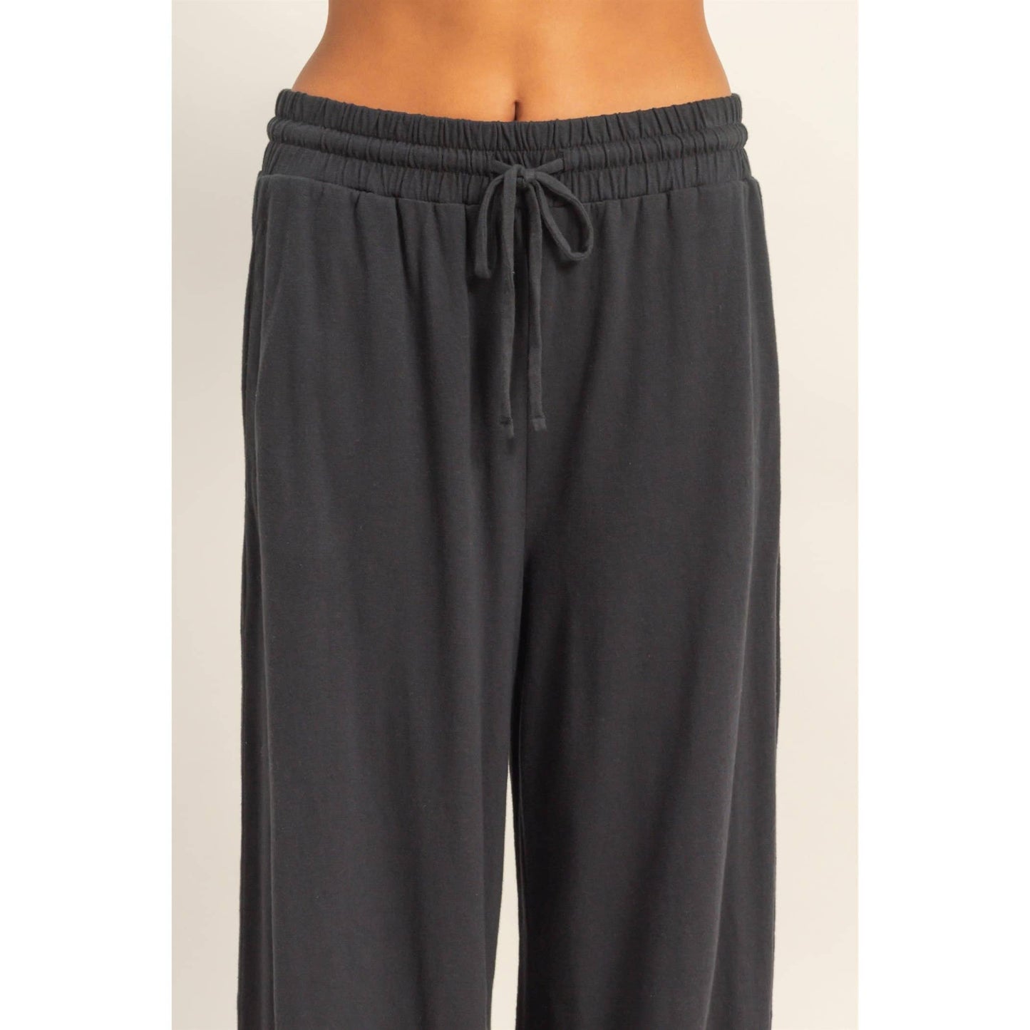 High Waist Drawstring Wide Leg Pants: BLACK / S-M-L(2-2-2)