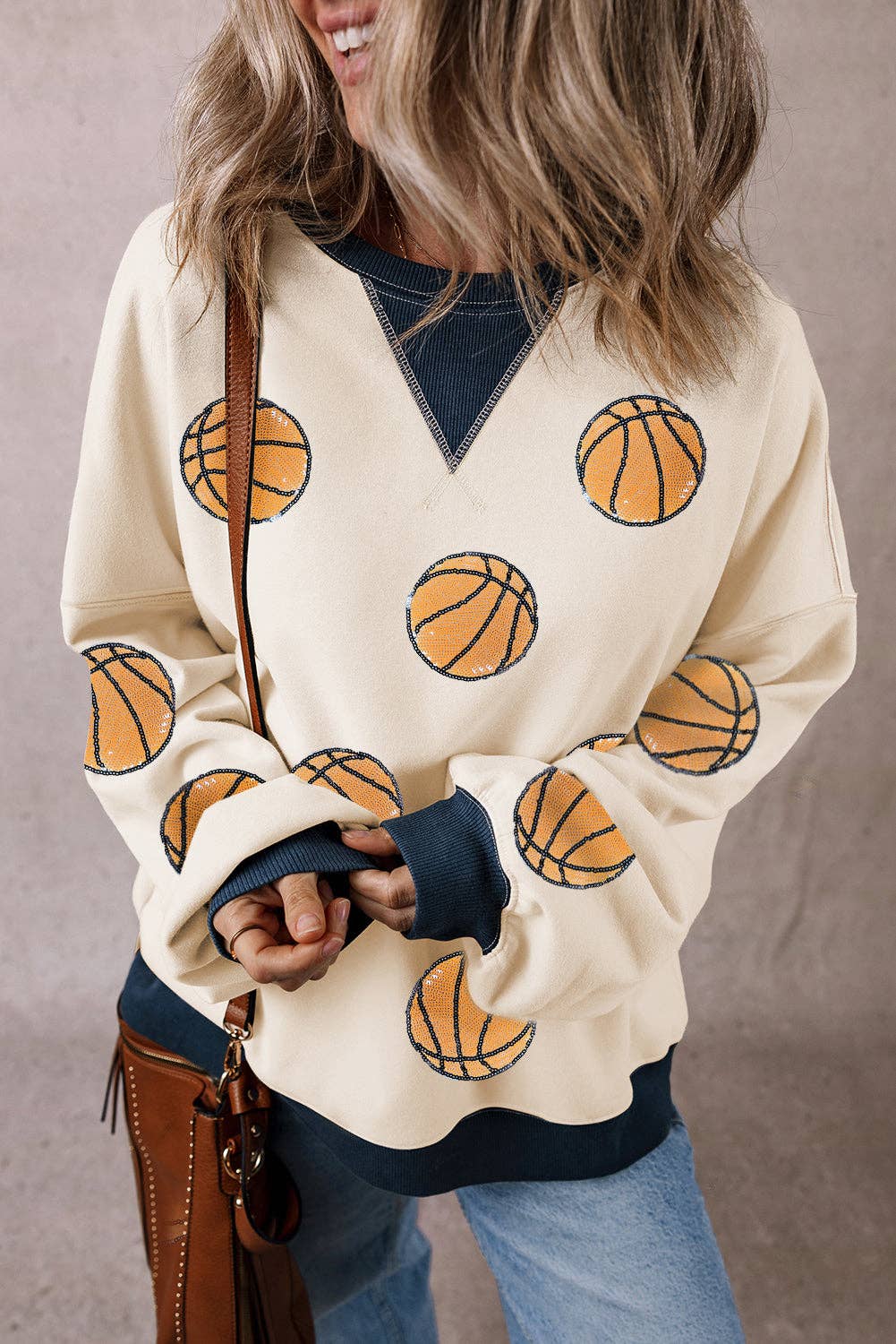 White Sequin Basketball Graphic Colorblock Edge Sweatshirt: White / 50%Polyester+50%Cotton / L