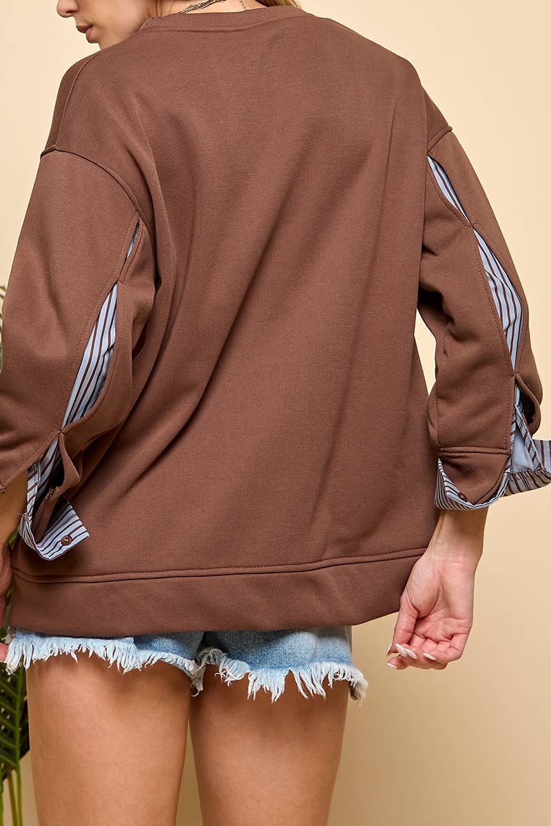 Stripe Detail Long Sleeve Sweatshirt: Brown / L