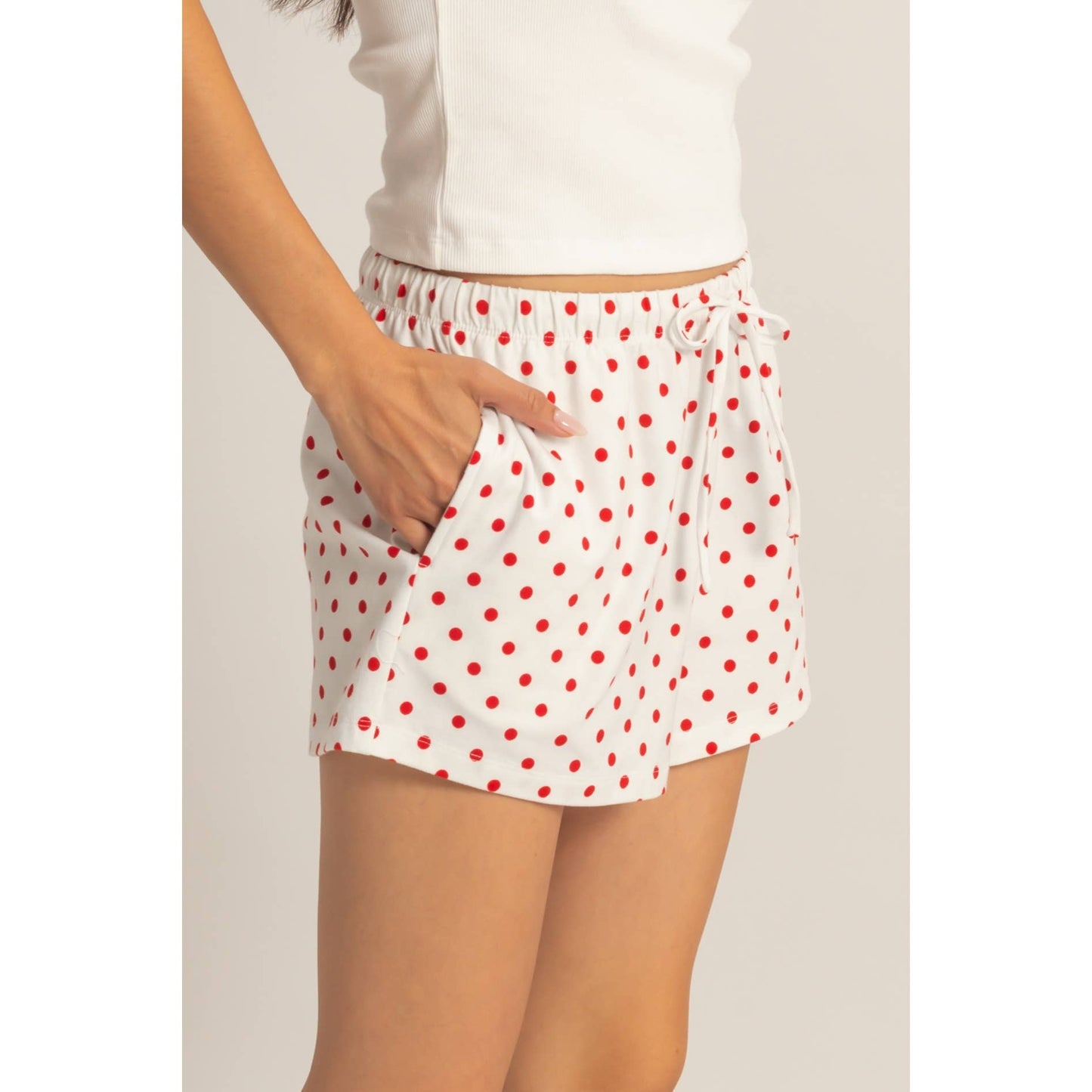 Polka Dot Drawstring Shorts: BROWN / S-M-L(2-2-2)